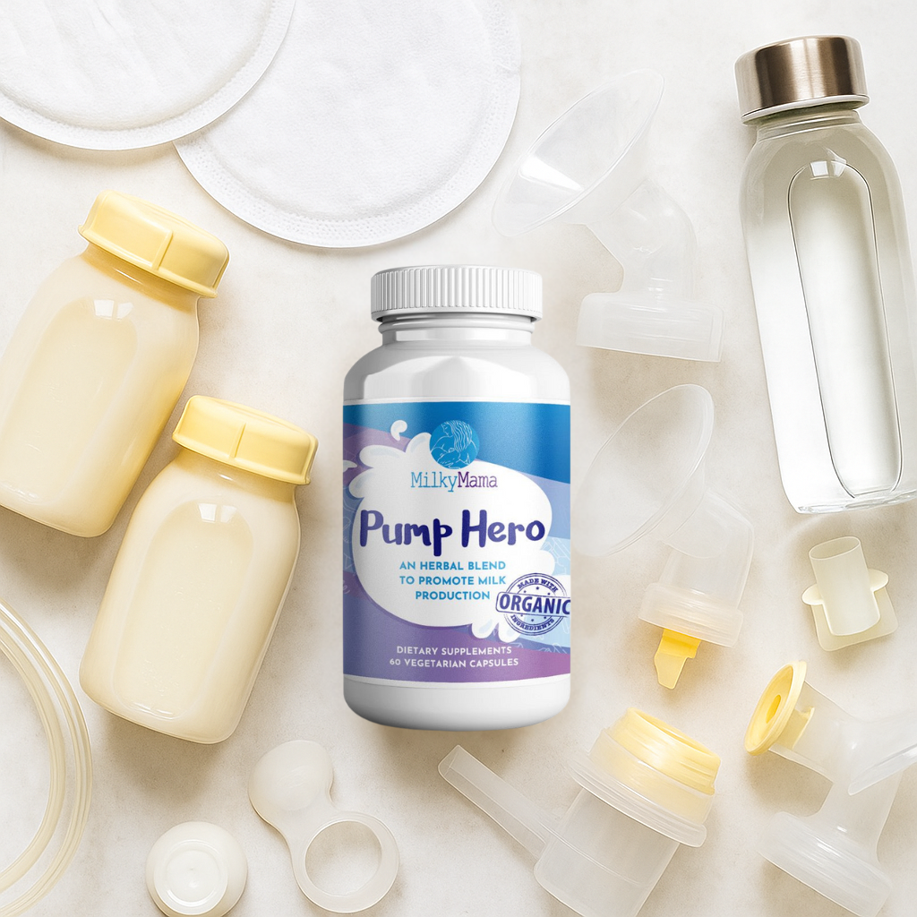 Milky Mama's Pump Hero supplement bottle surrounded by baby bottles and accessories on a light background