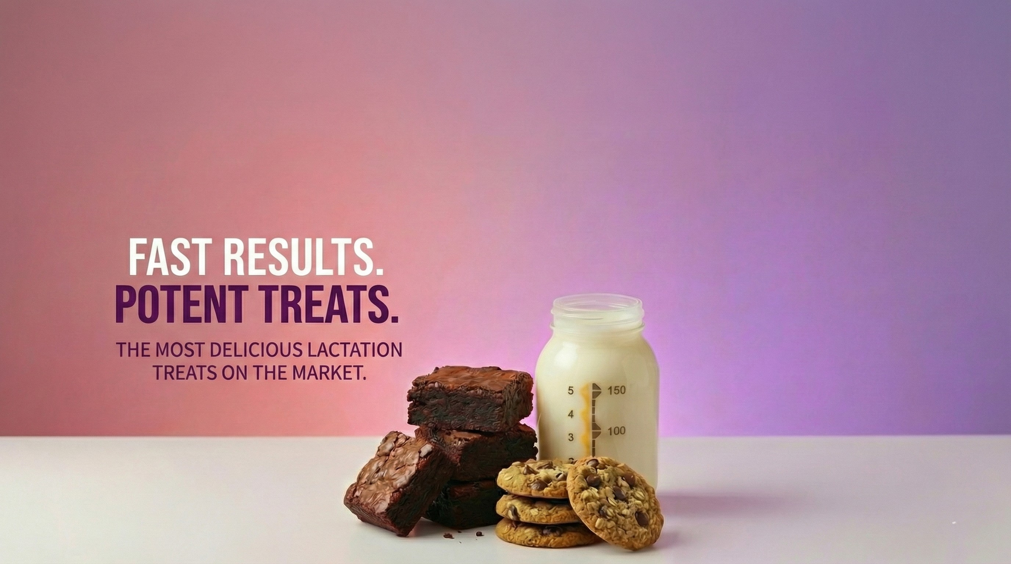 Milk bottle, cookies, and brownies on a gradient pink to purple background with text about lactation treats.