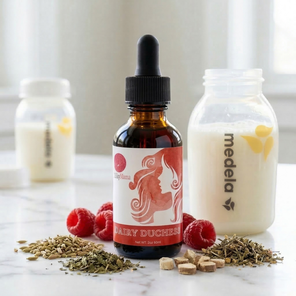 Milky Mama Dairy Duchess with herbs and breastmilk bottles