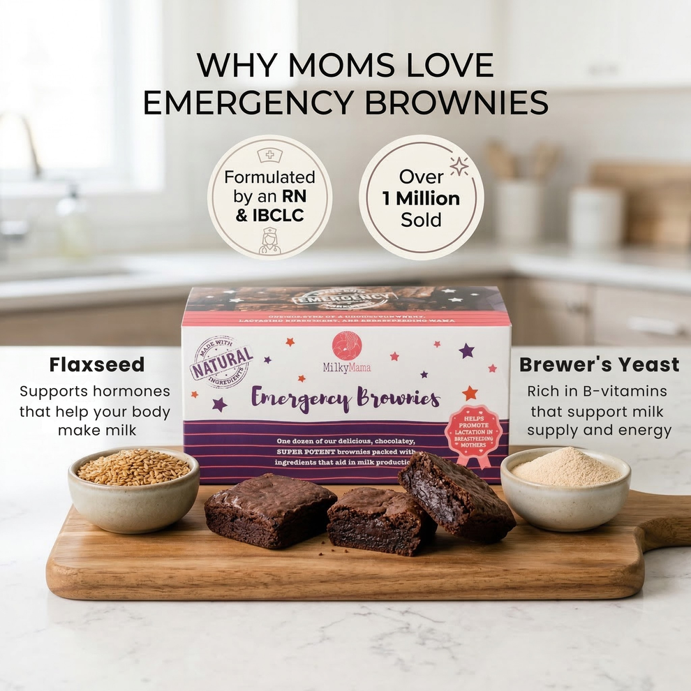 Box of Milky Way Emergency Brownies on a kitchen counter with ingredients displayed.