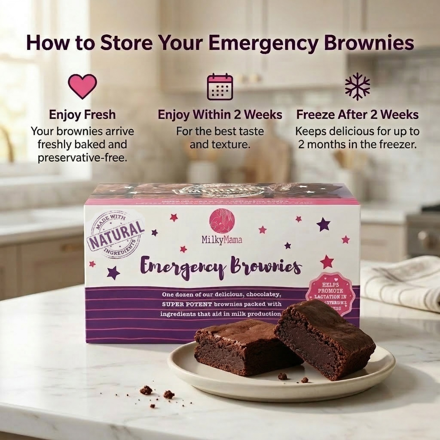Box of Milky Mama Emergency Brownies with storage instructions on a kitchen counter.