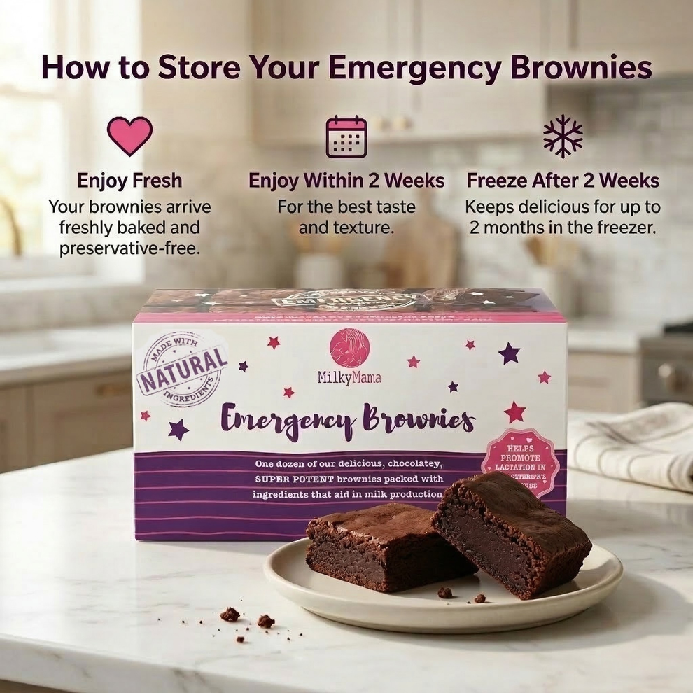 Box of Milky Mama Emergency Brownies with storage instructions on a kitchen counter.