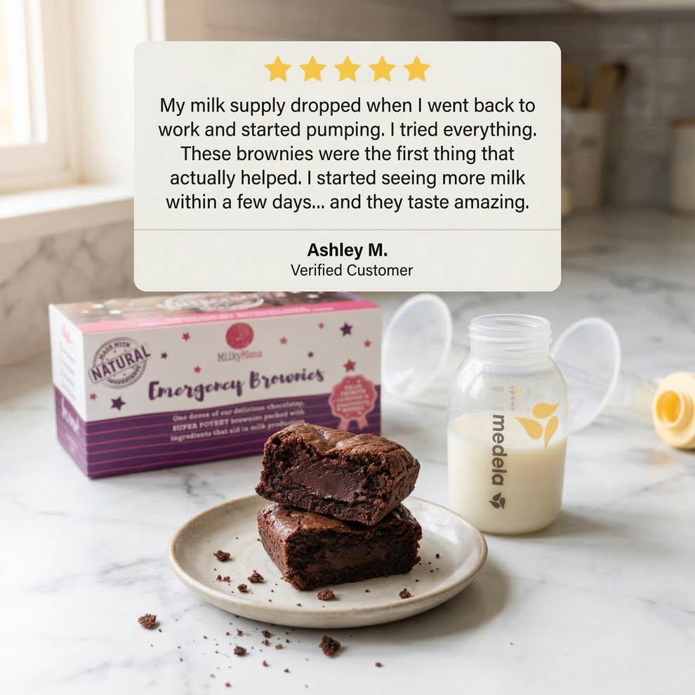 Brownies on a plate with a bottle of milk and packaging in the background, featuring a customer review.