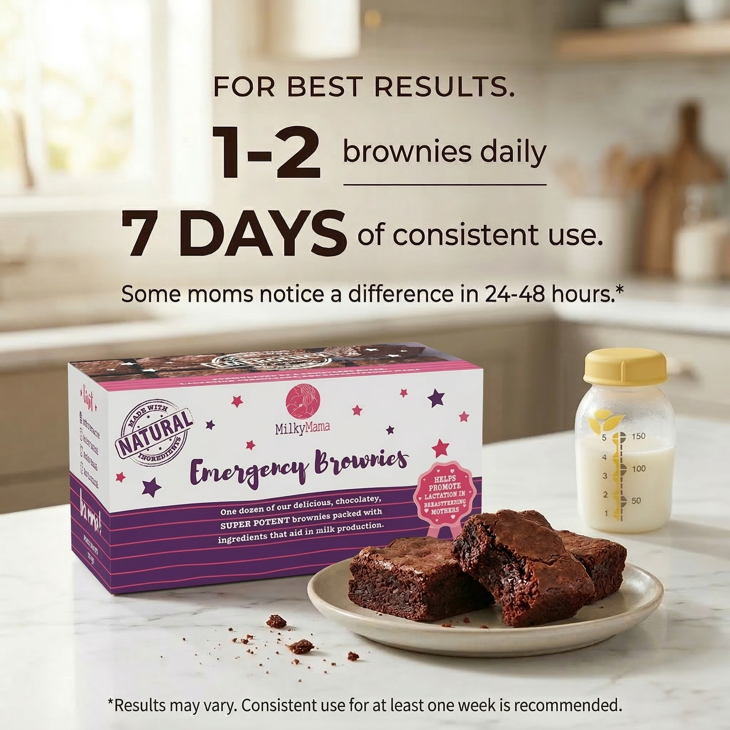 Emergency Brownies packaging with brownies and a bottle on a kitchen counter