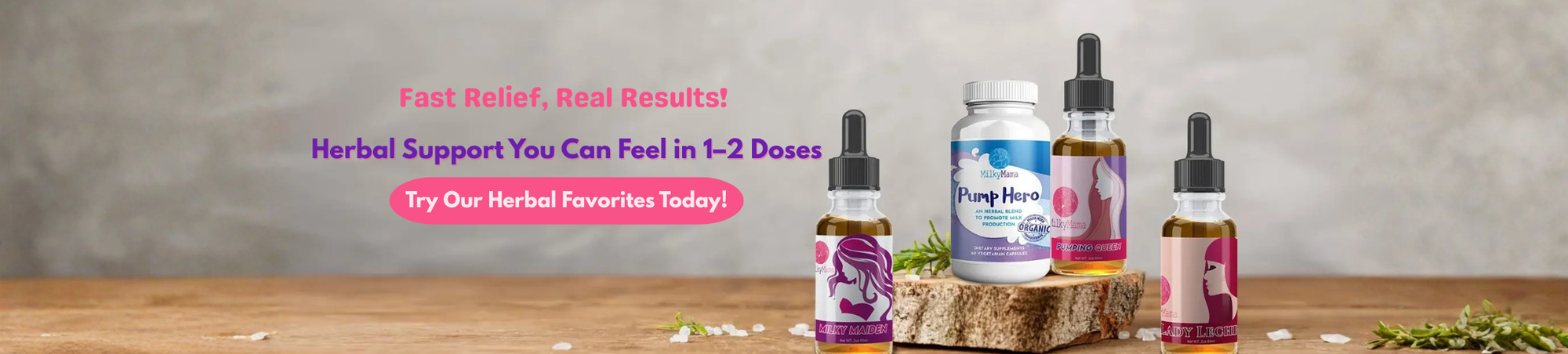 Herbal supplement products on a wooden surface with promotional text.