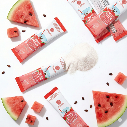 Watermelon-flavored products with watermelon slices and seeds on a white background