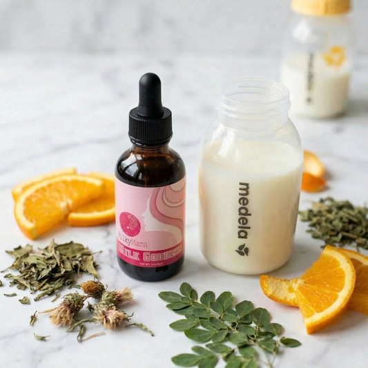 Milky Mama Milk Goddess with herbs and Medela milk bottles