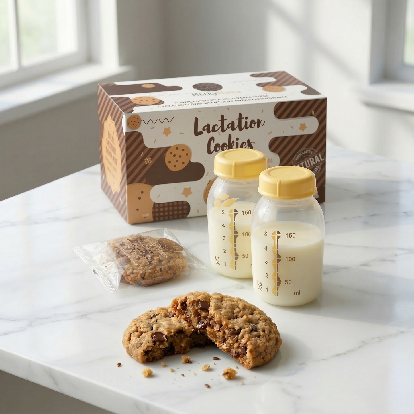 Lactation cookies and bottles on a marble surface with a window in the background