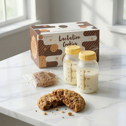 Lactation cookies and bottles on a marble surface with a window in the background
