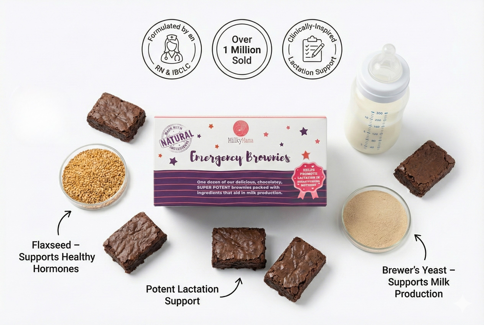 Box of emergency brownies with ingredients and benefits displayed on a white background