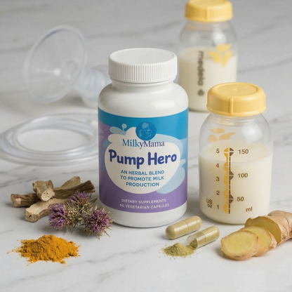 MilkyMama Pump Hero supplement bottle with a milk-filled bottle and herbs on a light background