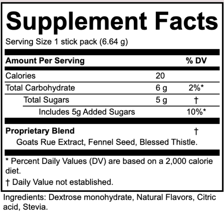 Supplement facts label with serving size, calories, carbohydrates, and ingredients.