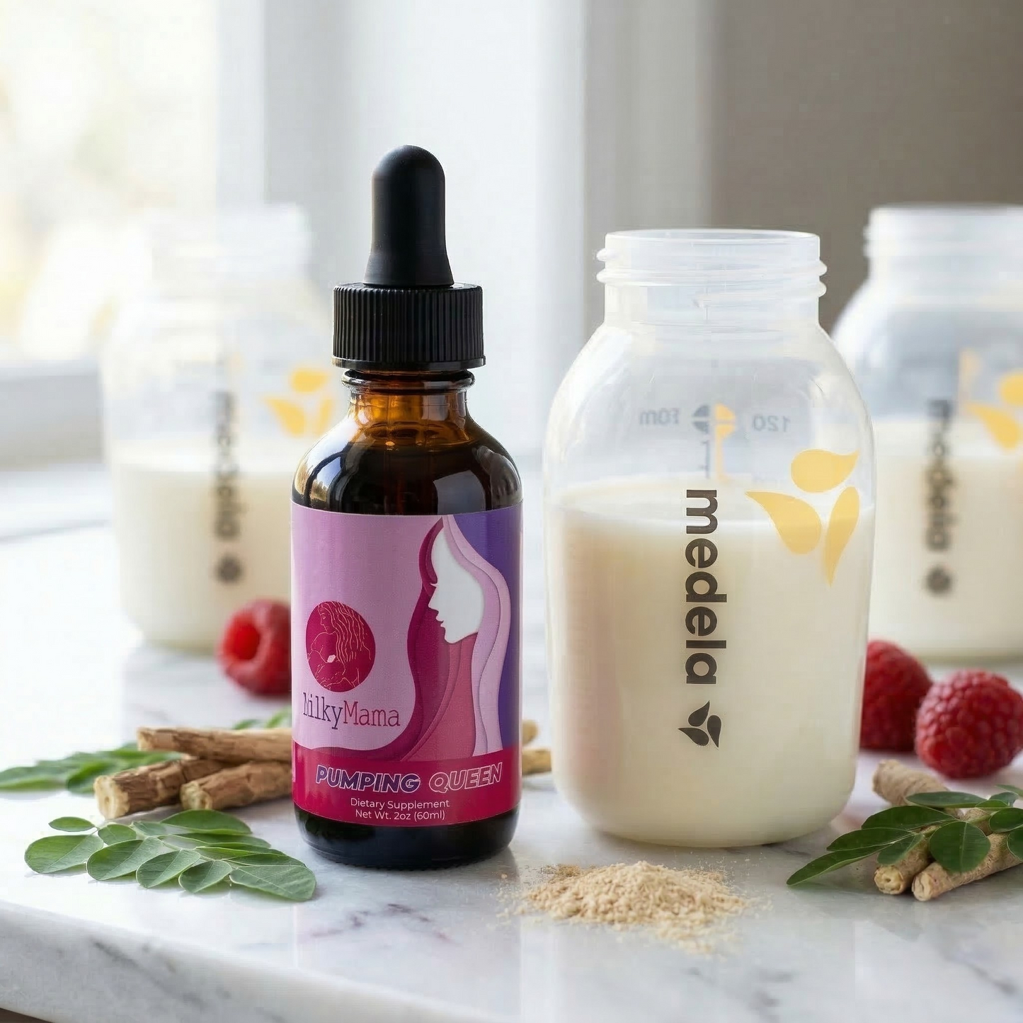 Bottle of MilkyMama supplement and Medela bottle on a marble surface with raspberries and cinnamon sticks.
