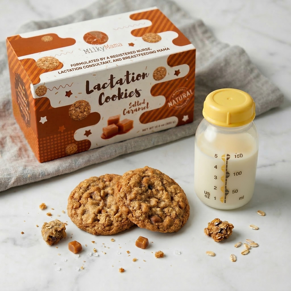 Box of lactation cookies with a bottle of milk on a marble surface