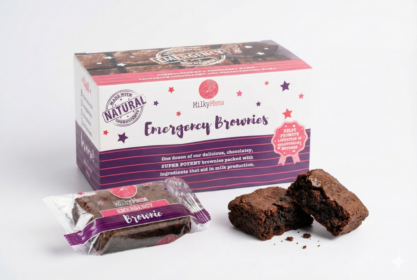 Box of Milky Mama Emergency Brownies with a couple of brownies on a white background