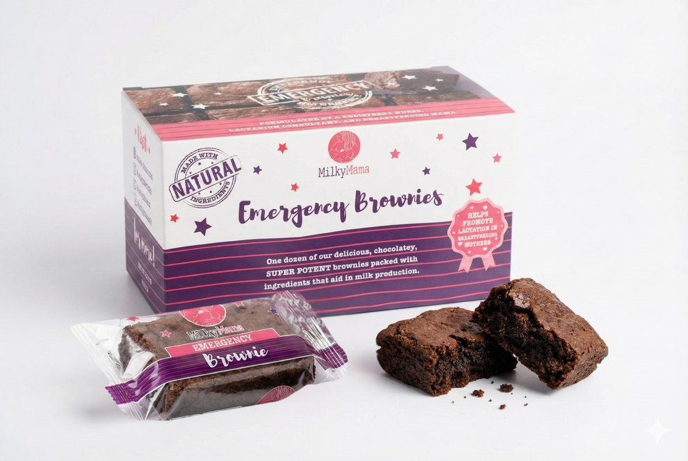 Box of Milky Mama Emergency Brownies with a couple of brownies on a white background