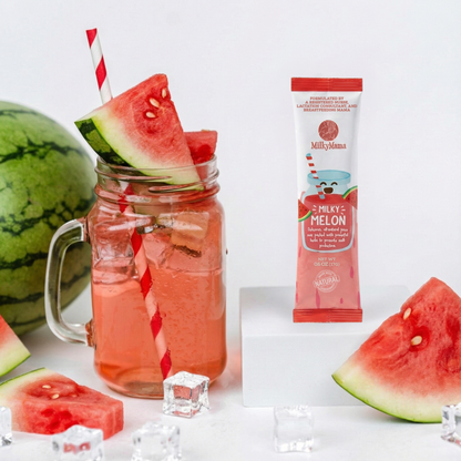 Mason jar with watermelon-themed drink, watermelon slices, and Milky Mama product on a white background