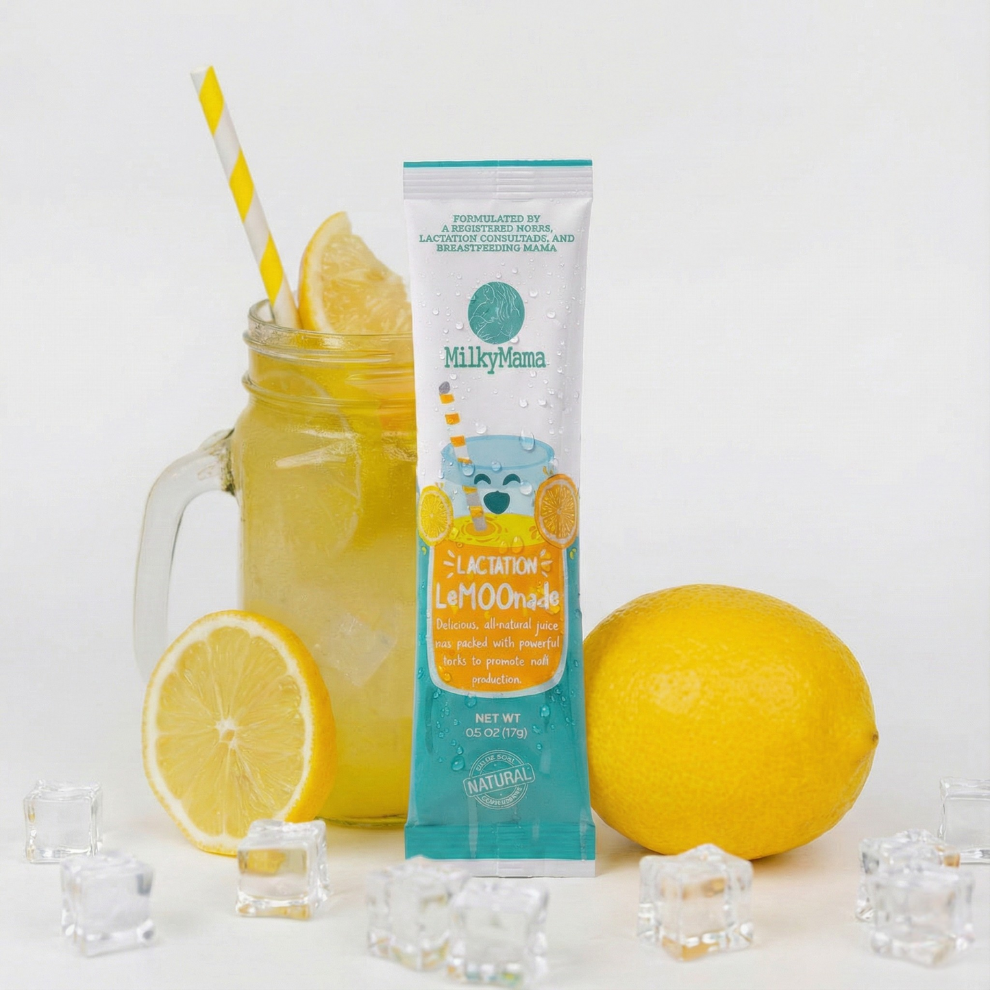 MilkyMama LeMOOnade package with lemonade and lemons on a white background