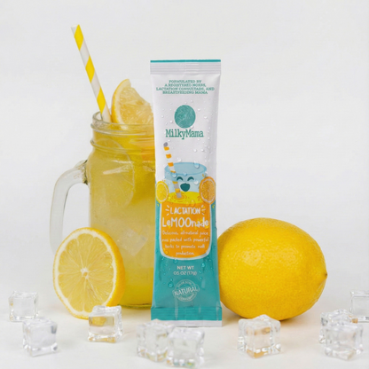 MilkyMama LeMOOnade package with lemonade and lemons on a white background