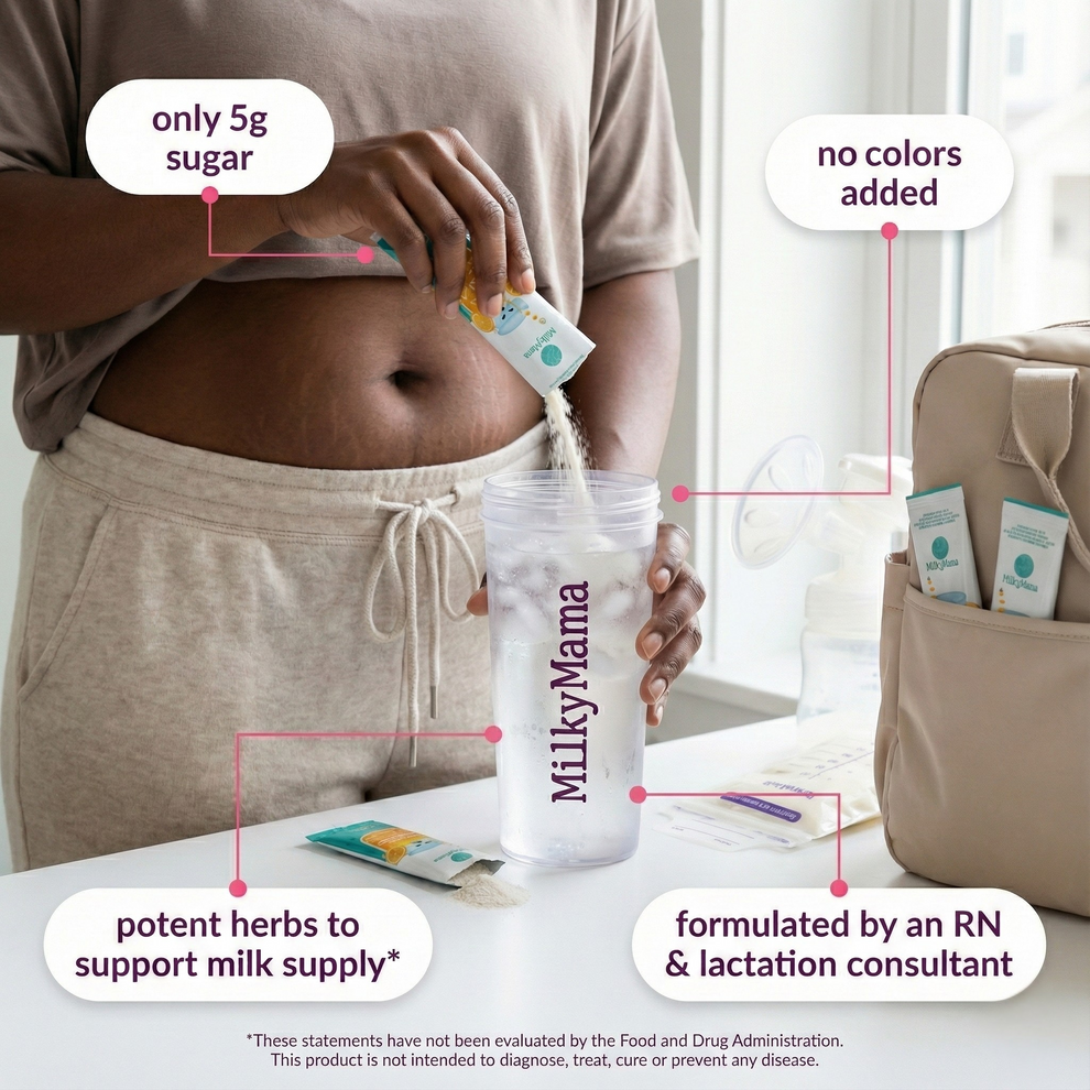 Person pouring a product into a container labeled 'Milky Mama' with text highlighting features.