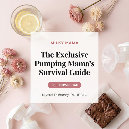 Promotional graphic for 'The Exclusive Pumping Mama's Survival Guide' by Milky Mama with a breast pump, brownie, and flowers on a pink background.